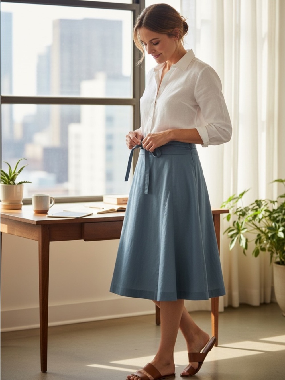 Yves Saint Laurent Dusty Blue A-Line Midi Skirt with Waist Tie